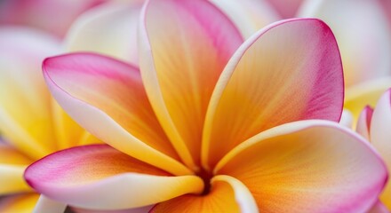 Macro close-up of a Vibrant Frangipani flower bloom presenting rich details