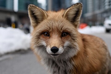 Obraz premium Fox standing on a city street in winter weather