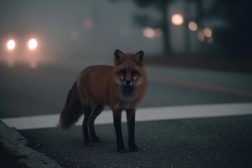 Obraz premium Fox stands on the road during night with fog and lights