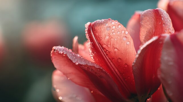 Pink tulip petals covered in dew drops close up. Spring flower with water droplets for nature beauty, freshness, and delicate bloom concept.