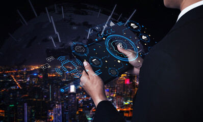 An advanced AI system for business and financial analysis. A futuristic interface for commanding an AI to process data from various domains. Motif