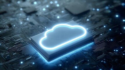 Digital Cloud Computing Symbol Glowing on a Microchip Circuit Board.