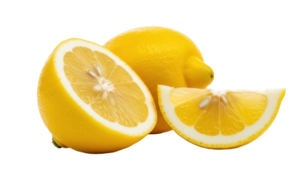 Fresh yellow lemon fruit with slice isolated PNG, citrus halves and whole for lemonade and cooking on transparent background