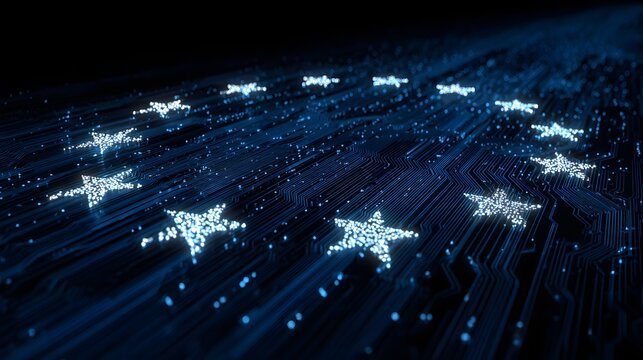 Digital EU Stars Forming a Network on a Circuit Board Background. - Powered by Adobe