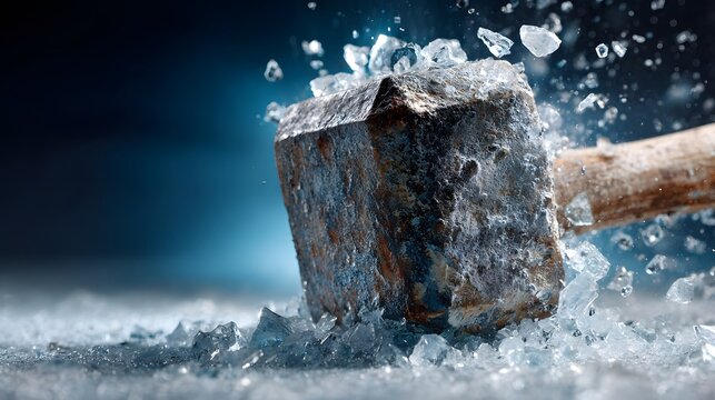 High speed photography captures a sledgehammer smashing through a sheet of glass, sending shards flying outward under dramatic blue light.