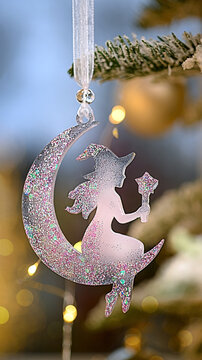Handmade Christmas tree ornament made of epoxy resin hanging on a decorated Christmas tree. Festive holiday decoration with sparkling details, warm lights and soft bokeh in the background. 