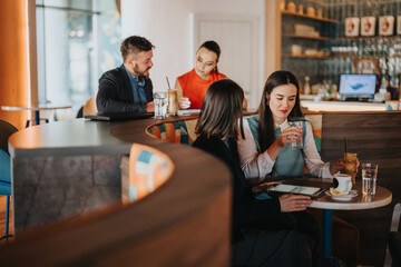A casual, modern cafe scene with friends and colleagues chatting over coffee and tea. A tablet on the table sparks discussion, creating a relaxed, social atmosphere in a warm setting.