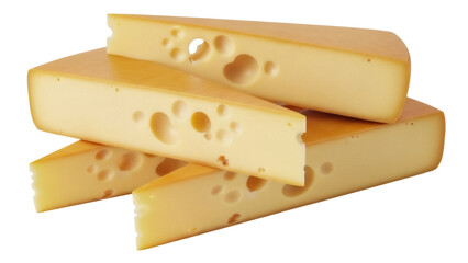 Delicious Swiss cheese wedges isolated PNG on transparent background, dairy product with holes for gourmet food and culinary design