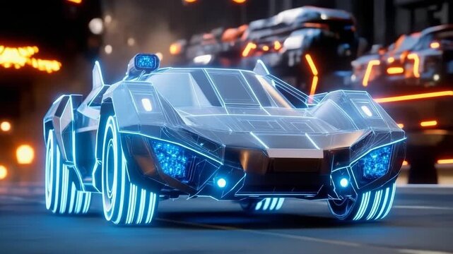 Futuristic automobile design featuring realistic skeleton drawing in neon wireframe style with vibrant colors