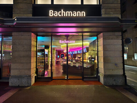 Lucerne,Switzerland-Sep.30th 2025: Bachmann store facade at night in Switzerland