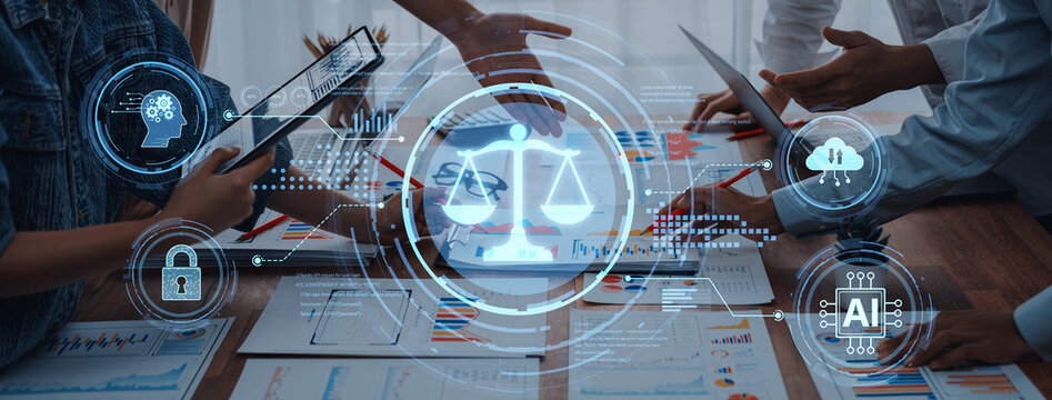 A modern collaborative meeting on legal technology showcasing data analysis and AI integration, emphasizing the intersection of innovation and legal practice. Trope