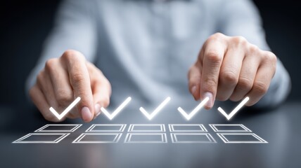 management operations goal-setting. Hands checking off items on a digital checklist, symbolizing organization and productivity.