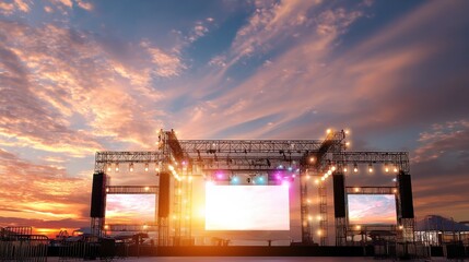 Empty outdoor concert stage setup with bright light at sunset. Music festival event preparation with dramatic sky for entertainment concept.