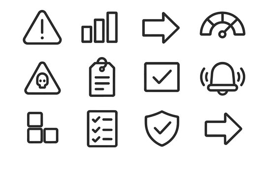 Safety Risk Icons. Safety Risk Symbols linear set: danger alert, risk spectrum bar, likelihood arrow, impact score gauge, hazard marker, safety protocol tag, mitigated zone icon,
