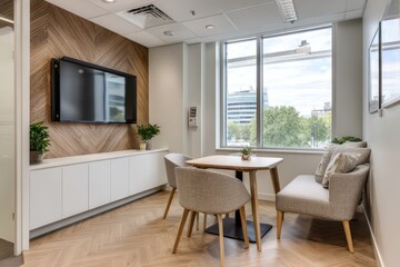 Fototapeta premium Bright white and wood office corner with wall-mounted display in a modern meeting space