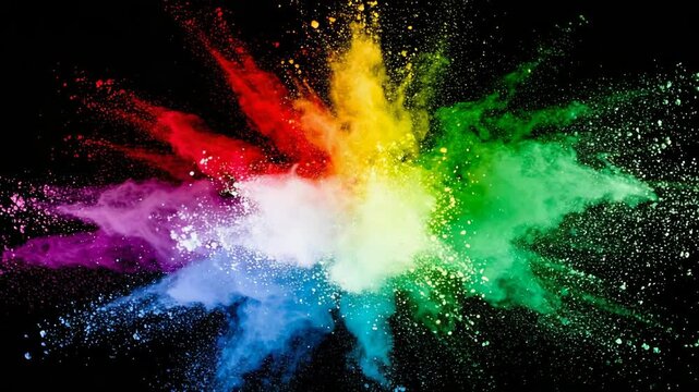 Colorful explosion of powder paints, vibrant rainbow of pigments colliding against black background, dynamic cloud of colored dust particles
