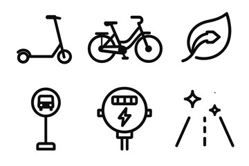 Green Transport Icons. Green mobility set linear set: scooter silhouette, shared bike, emission leaf, transit stop, energy meter, clean road.