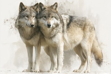 Fototapeta premium Calm duo of gray wolves portrayed in a clean white backdrop