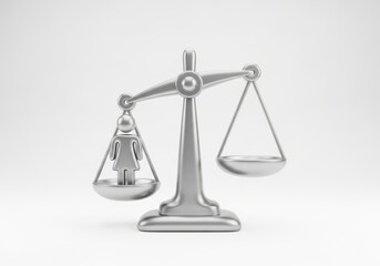 Metallic representation of judicial balance scale holding a female figure tilted to one side
