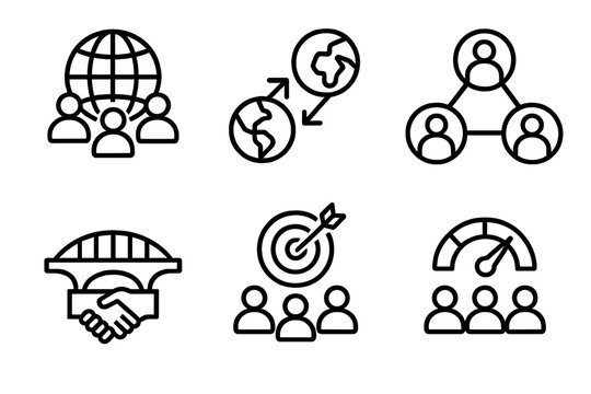 Global Collaboration Icons. Cross-Border Team Dynamics linear set: global collaboration icon, cross-region link arrow, distributed team nodes, cultural bridge tile, unified goal