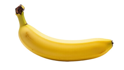 Ripe yellow banana isolated PNG, tropical fruit with curved shape and brown stem for healthy eating and dessert preparation
