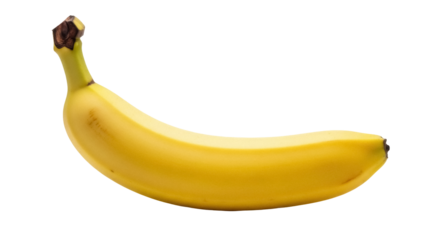 Ripe yellow banana isolated PNG, tropical fruit with curved shape and brown stem for healthy eating and dessert preparation