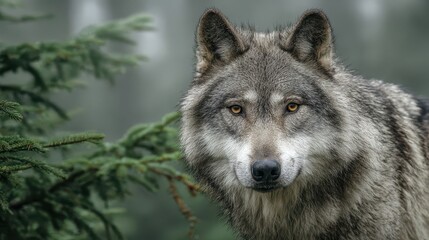 Obraz premium Close-range study of a grey wolf with piercing amber eyes