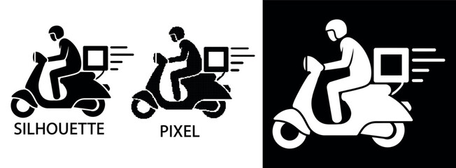 Minimalist vector pixel icon depicting a delivery worker on a scooter