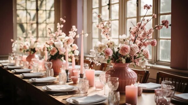 Beautifully arranged flowers decorate a charming dining table in a cozy setting with pastel hues