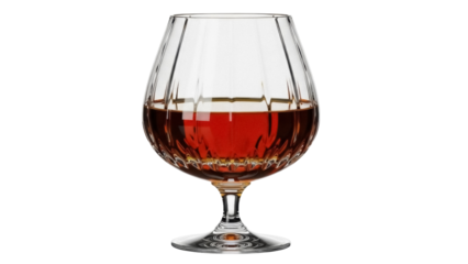 Elegant cognac glass with amber liquid isolated PNG, brandy snifter with alcohol on transparent background for bar and restaurant use
