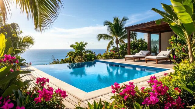 Infinity pool overlooks the ocean with lounge chairs on a wooden deck surrounded by tropical vegetation under a bright blue sky