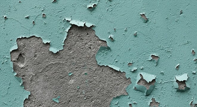 Close-up of teal paint flaking off a rough concrete wall, revealing textured surface beneath. Abstract backdrop with distressed, weathered, and aged appearance, showing decay.