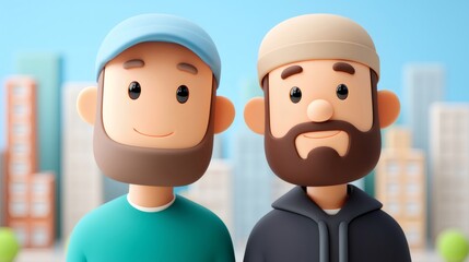 Two happy muslim men with beards taking photo together in city