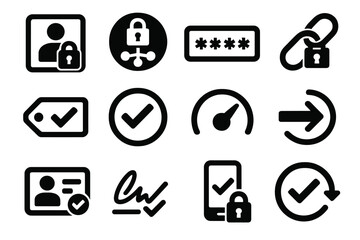 Brutalist Security Icons. Digital Identity Assurance silhouette set: secure login tile, MFA token node, PIN entry bar, encrypted link ring, proof-of-possession tag, verification