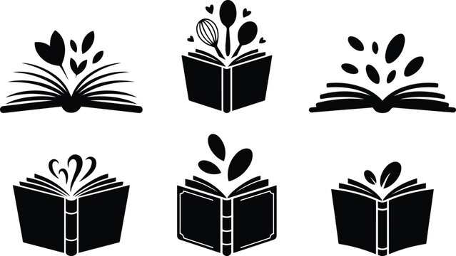 Set of Minimalist black open recipe book silhouette vector icon