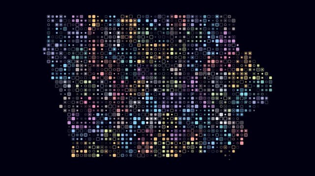 Iowa animated shape. Pulsating colored dots on the map of the state. Small size rounded square blocks. Digital style Iowa map on dark background. Amazing animation video.