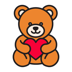 Obraz premium Cute linear icon of a teddy bear with color fill holding a heart. Editable stroke Valentine design for love, romance, wedding, greeting card, or gift projects