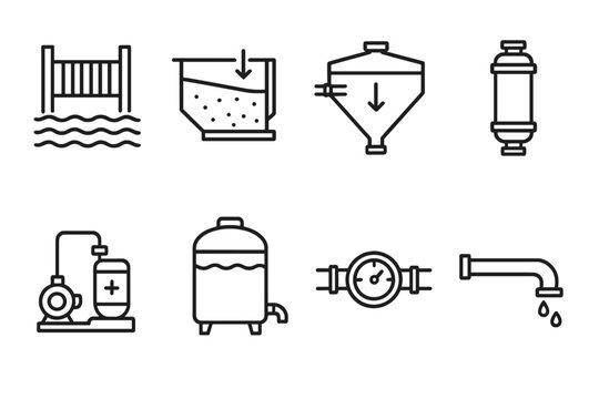 Water Treatment Icons. Water Treatment Elements linear set: source intake, grit removal tray, clarifier bowl, membrane filter, chlorination pump, storage cistern, flow meter,