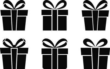 Set of Minimalist black birthday present gift box with bow silhouette vector icon