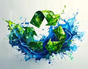 Artistic rendition of a recycling symbol composed of swirling green and blue paint, suggesting environmentalism. A splash effect radiates from the symbol