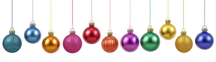 Collection of shiny colorful christmas baubles hanging on strings isolated on white background