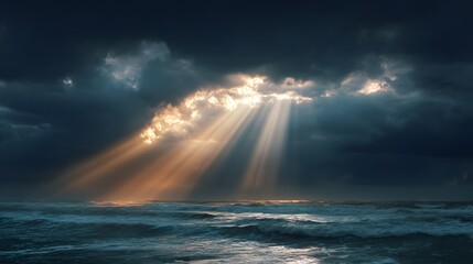 Dramatic Sunbeams Pierce Stormy Clouds Over Turbulent Ocean Waves.