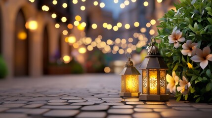 Lanterns illuminating cobblestone street during Ramadan celebration, festive vibe background