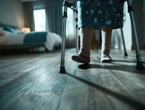 Elderly person using a walker in a cozy bedroom during the daytime to enhance mobility and independence