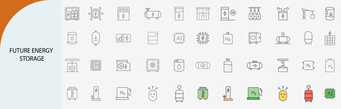 future energy storage icon set, renewable power and sustainable technology vector