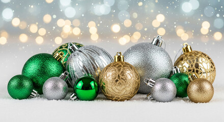 Many colorful ornament on soft snow, with blurred light background, represents festive decoration, winter season, and holiday spirit for Christmas time