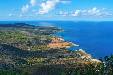 Popular Aphrodite hiking trail. Mediterranean sea coast view. Cyprus