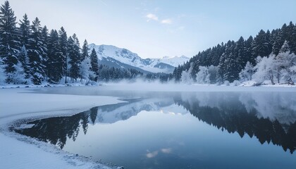 Frozen winter lake reflecting snowy mountains and pine trees, light morning mist, soft blue tones, tranquil atmosphere, ultra realistic, sharp focus, premium stock photography