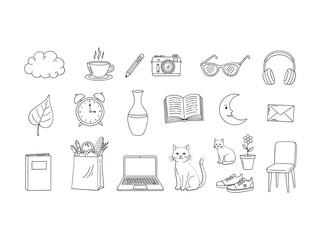 Collection of simple black and white line drawings of various objects