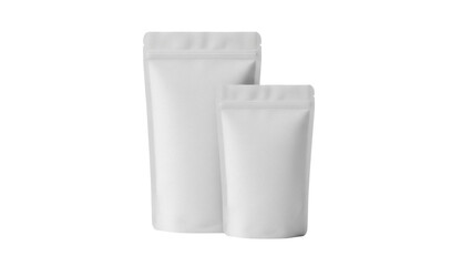 Two blank stand-up pouches isolated PNG on transparent background, flexible packaging mockup for food, snack, coffee, or pet food